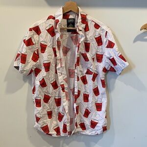 Superdry Men’s White Short-Sleeve Button-Up Shirt with Red Cup Print